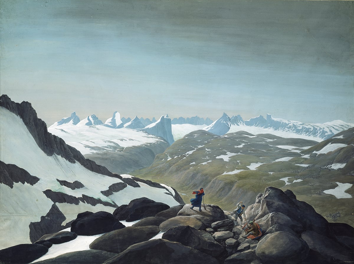 Johannes Flintoe,« Fra Jotunheimen. Hurrungene», 1837. Menn i massivt fjellandskap