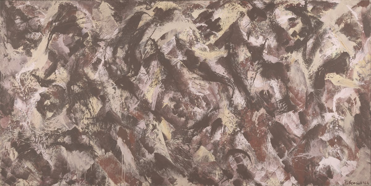 Lee Krasner. «Night Birds». 1962 Abstrakt maleri i gule og brune toner