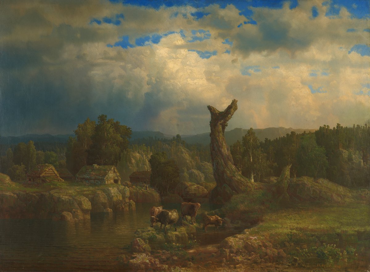 Lars Hertervig, "Summer Landscape, Thunder looms", 1856. Summer mountains right before the storm breaks