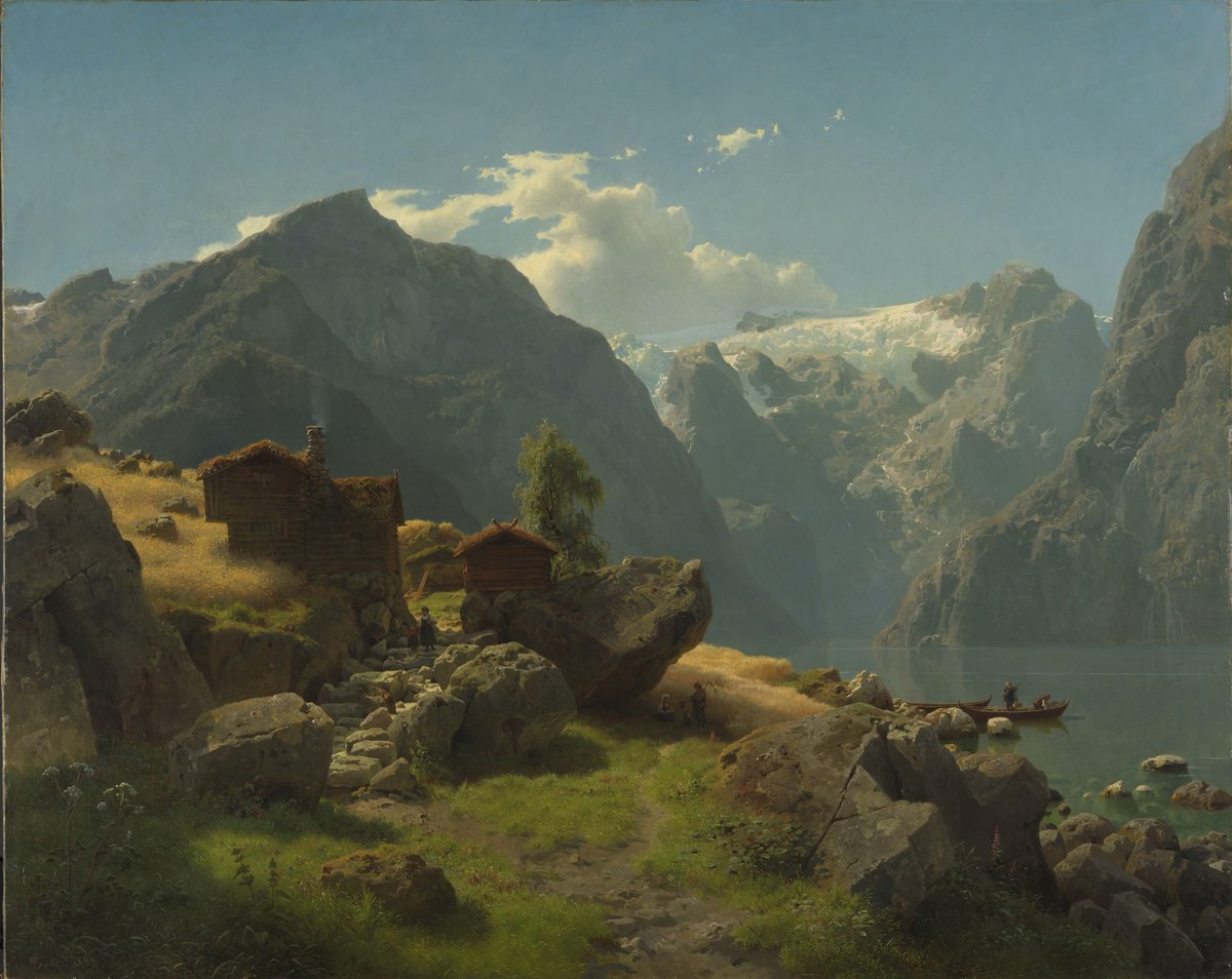 Hans Gude, «Fra Balestrand», 1848 Sommerlig fjordlandskap med blå himmel og ruvende fjell - et lite hus i forgrunnen.