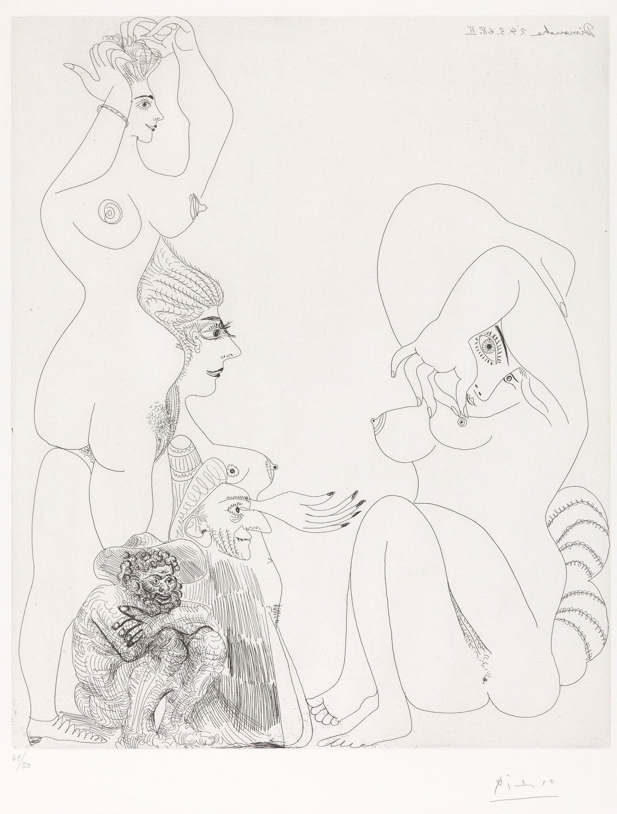 Pablo Picasso, «Gammel mann med trollmann som maner frem tre odalisker», 24. mars 1968 Pablo Picasso, Gammel mann med trollmann som maner frem tre odalisker, 24. mars 1968