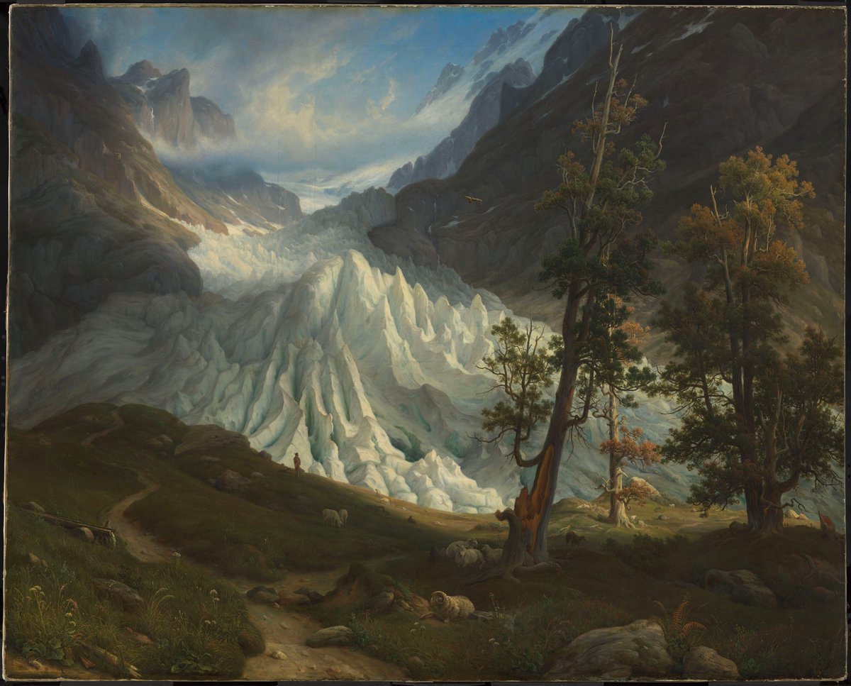 Thomas Fearnley, «Grindelwaldgletscheren», 1838. En stor isbre, med en liten figur stående foran i front.