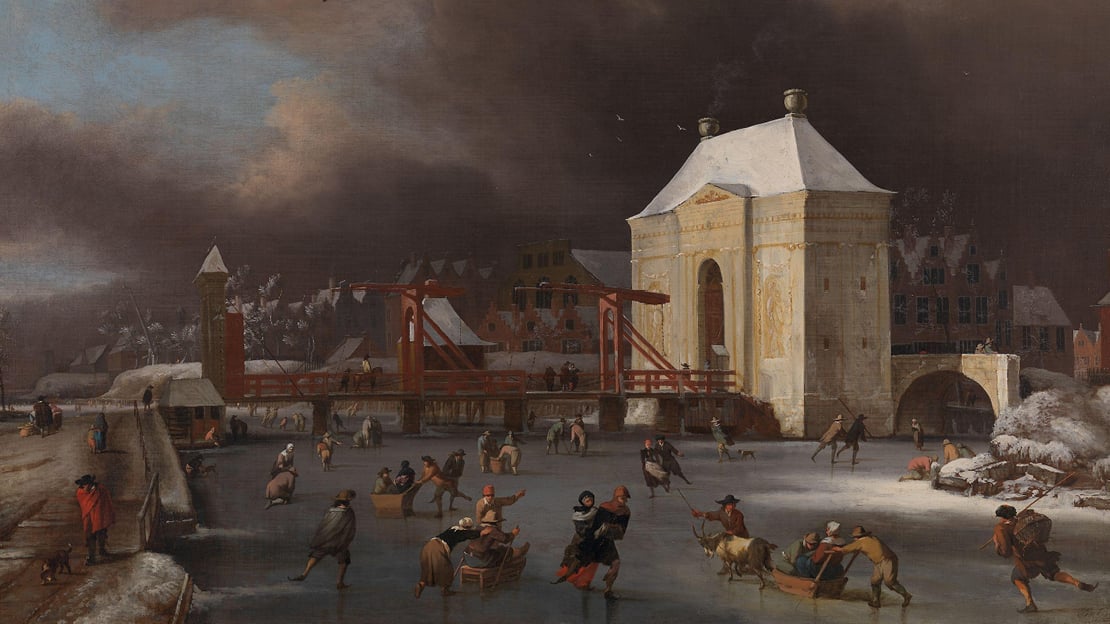 Jan van Kessel, «Ved Heiligewegspoort i Amsterdam», mellom 1660 og 1680 Maleri av Jan Van Kessel av gjennomfrossen kanal med mennesker på.