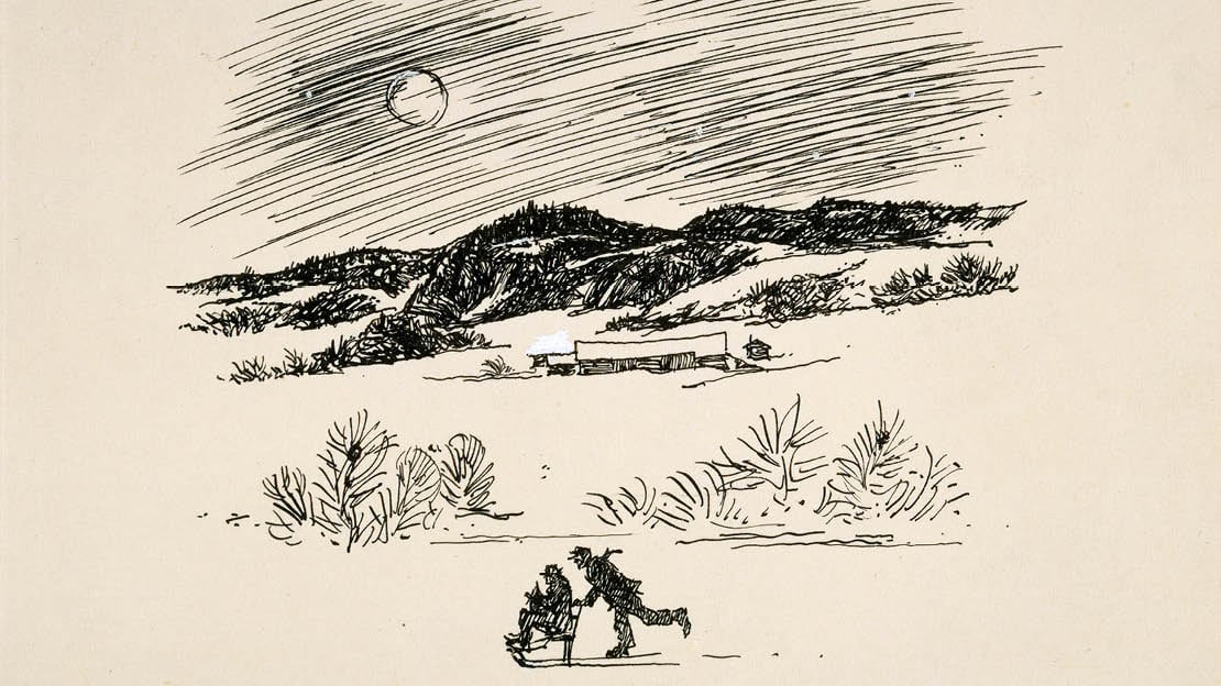 Kjell Aukrust, «Vestatéingen kom hemat ved midnatt», før 1958, (Utsnitt) Pennetegning av Aukrust av figurer på spark i kveldslandskap.