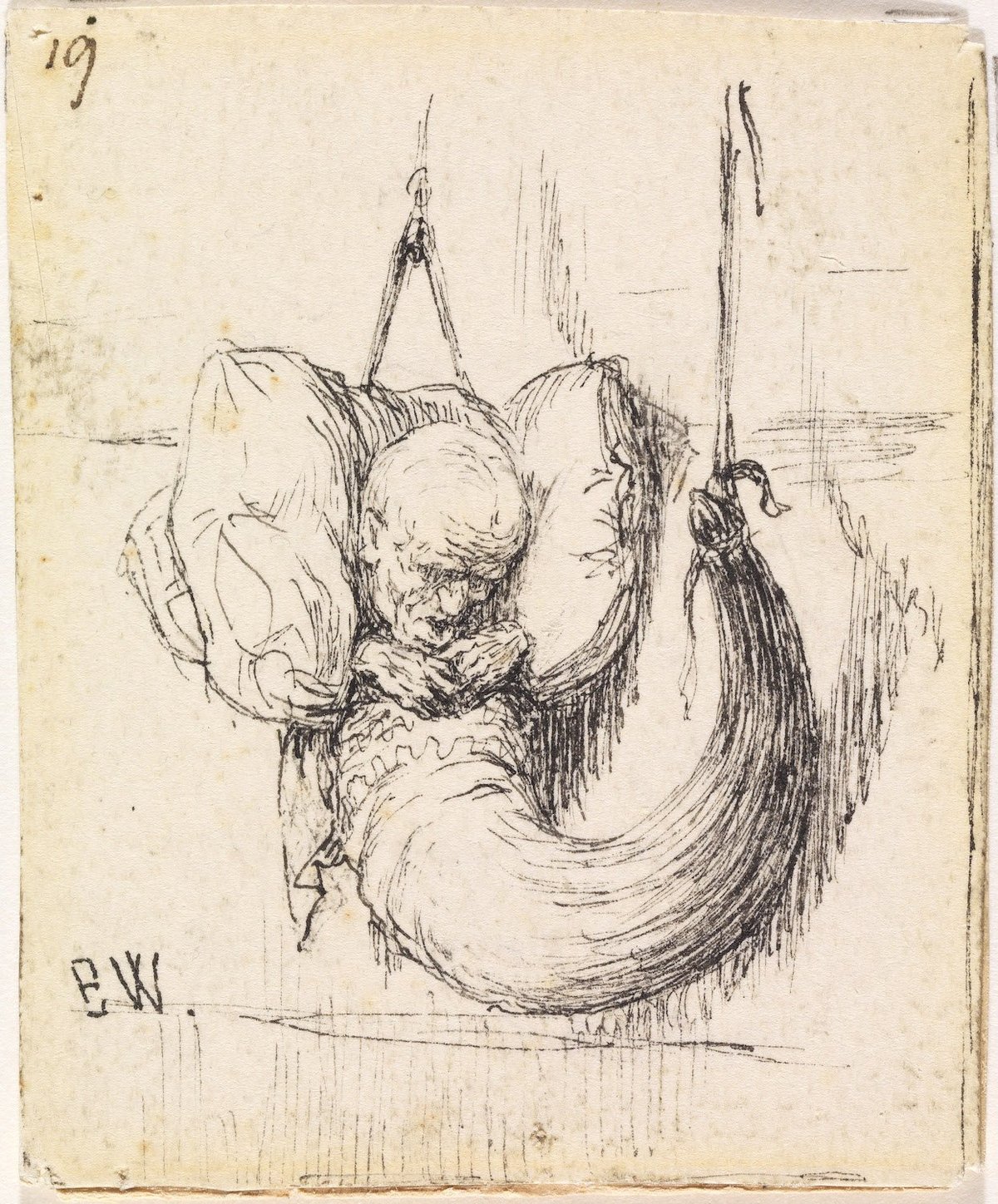 Tegning av en gammel, liten mann i et horn