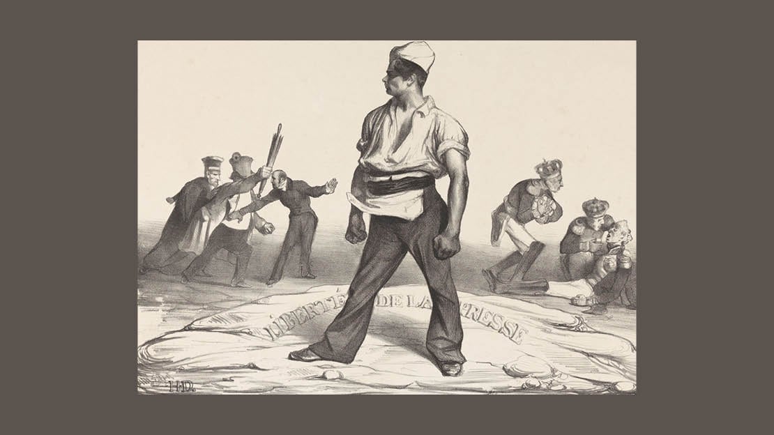 Honoré Daumier, «Kom ikke her og forsøk dere!!», (1834) Stolt figur i midten av bildet med med knyttede never. Bak ham vises scener som vitner om maktens undertrykkelse