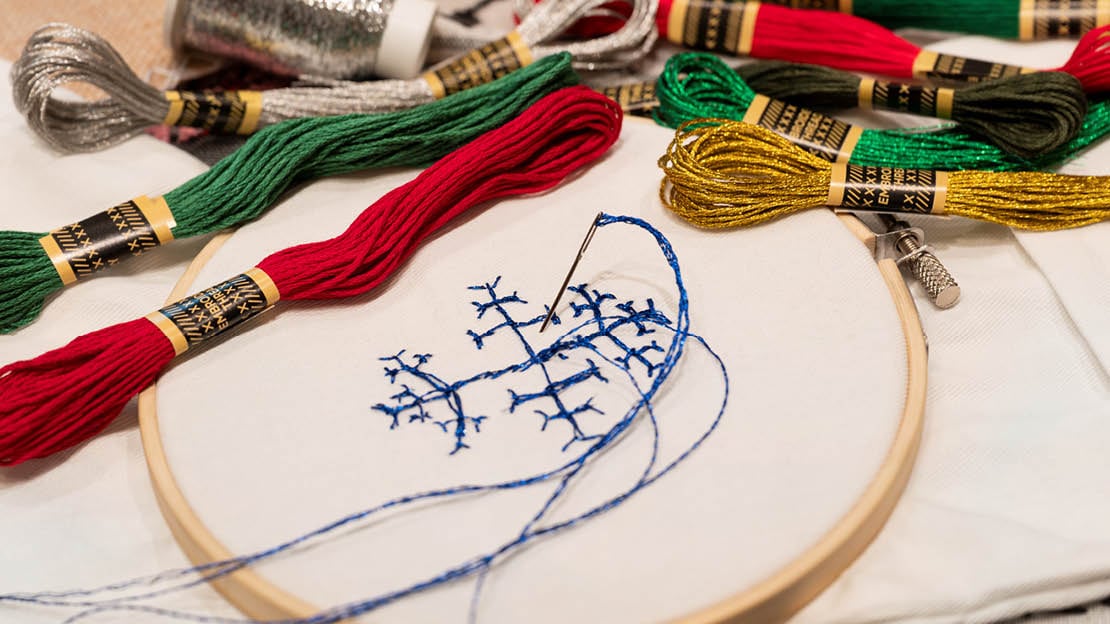 Julestrømper med glitrende broderigarn, nåler, rammer og eksempler