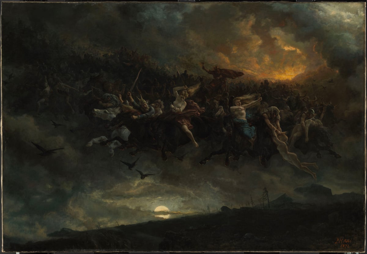 Peter Nicolai Arbo, «Åsgårdsreien», 1872. En hær med norrøne krigere til hest rir over en stormfull nattehimmel.