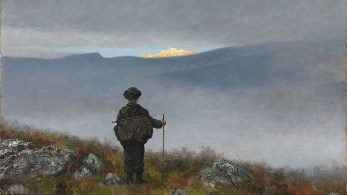 Maleri. Silhuett av en mann på fjelltopp med hatt og stokk. Han er vendt mot solnedgangen.