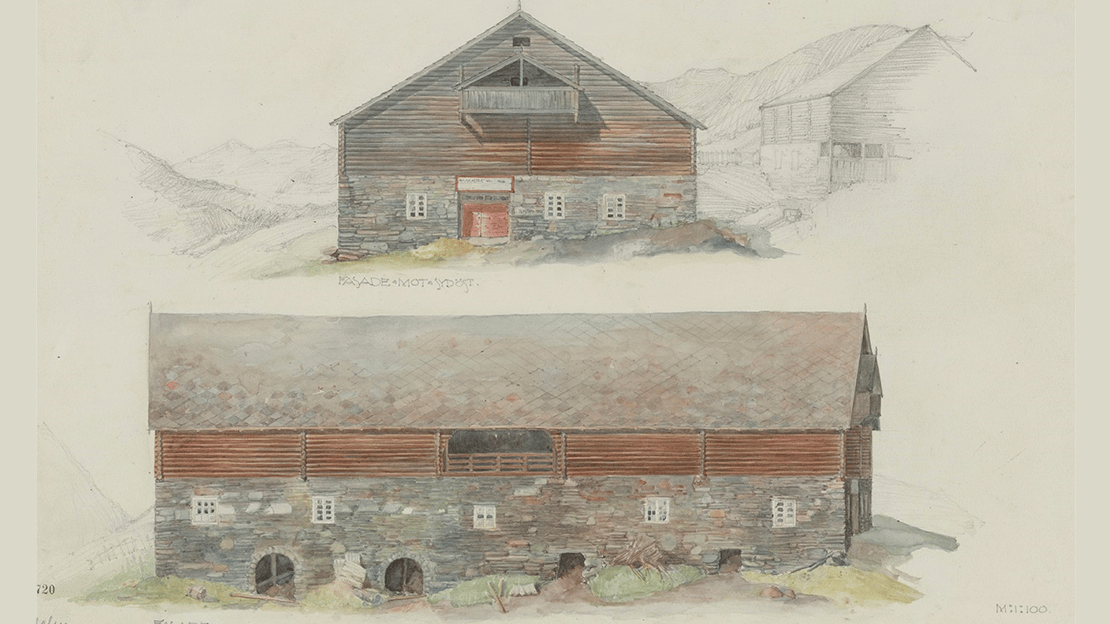 Ingri Aas, «Fjøs med låve på Tofte», 1912. Schirmersamlingen, Riksantikvaren.