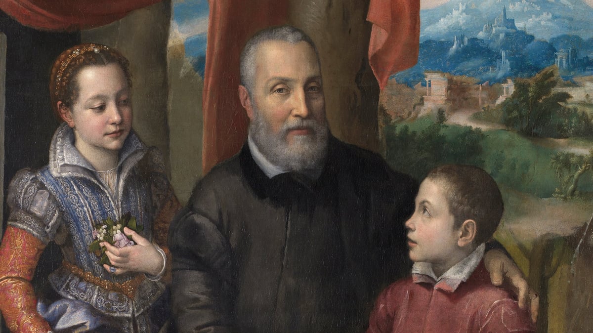 Sofonisba Anguissola, «Familieportrett med kunstnerens far Amilcare Anguissola og hennes søsken Minerva og Asdrubale», ca. 1559. En sittende mann med en liten gutt på høyreside og en jente på venstre.