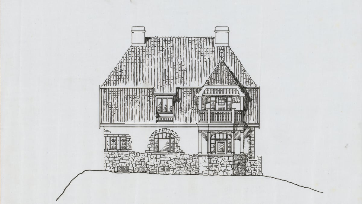 Hjørdis Grøntoft, Sydfasade av Villa Raknerud, ca. 1910. En arkitekttegning av fasaden av en villa, med tynne detaljerte streker.