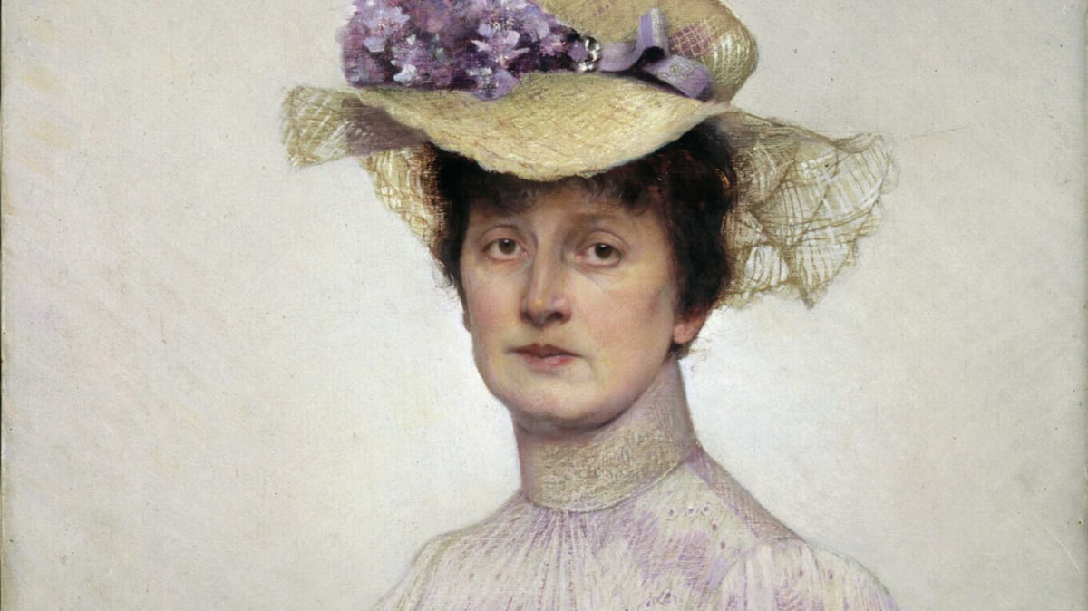 Asta Nørregaard, «Selvportrett», 1903. Bildet viser Asta Nørregaard, en lys kjole og hatt.