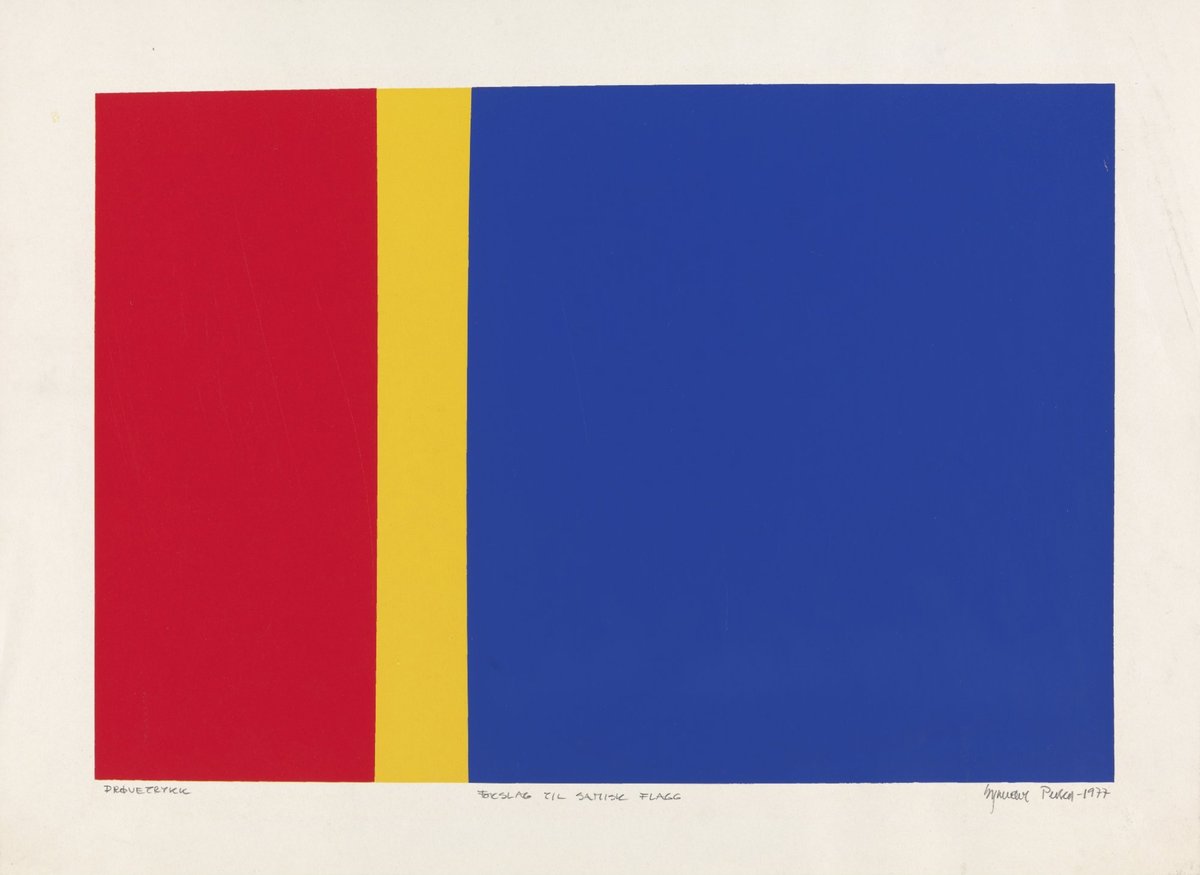 Synnøve Persen, "Blueprint for a Sami Flag" / "Sámeleavgga árvalus", 1977 Silk-screen print in red, yellow and blue
