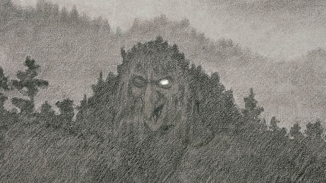 Theodor Kittelsen, «Skogtroll» (utsnitt), 1892 Tegningen av en skog, hvor hodet til et troll lager en silhuett med et lysende øye.