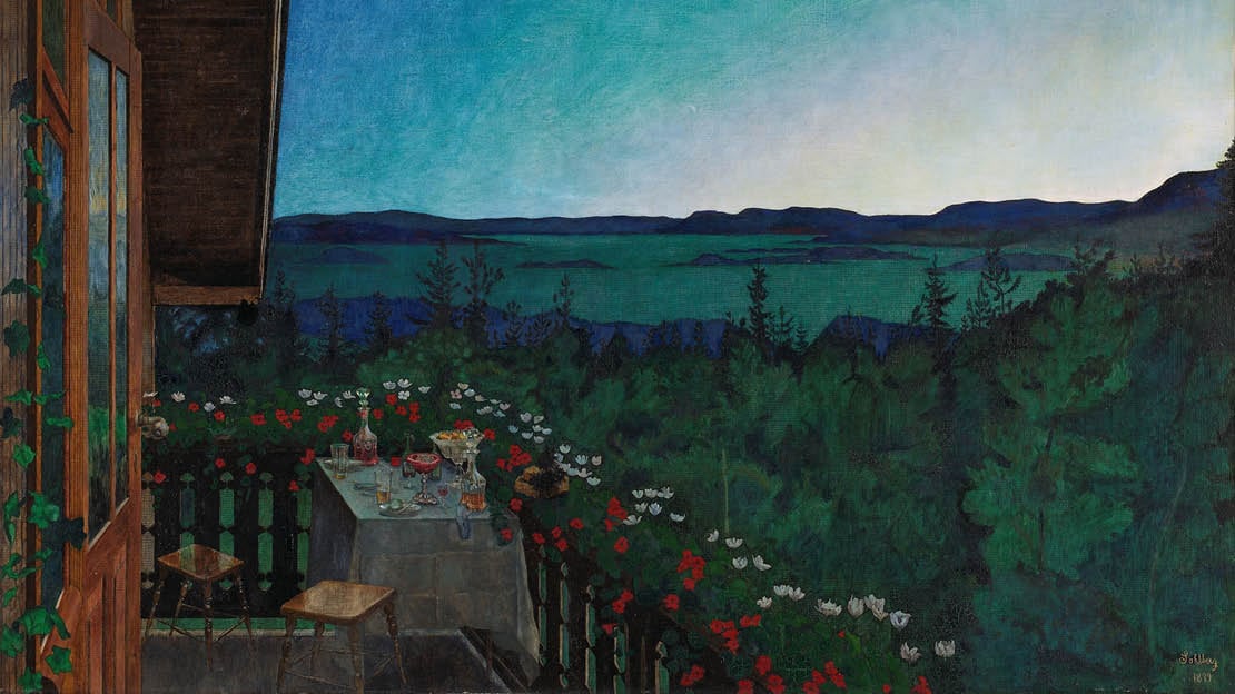 Harald Sohlberg, Sommernatt, 1899 En sommernatt, med en balkong i forgrunnen. Utover ser man et landskap