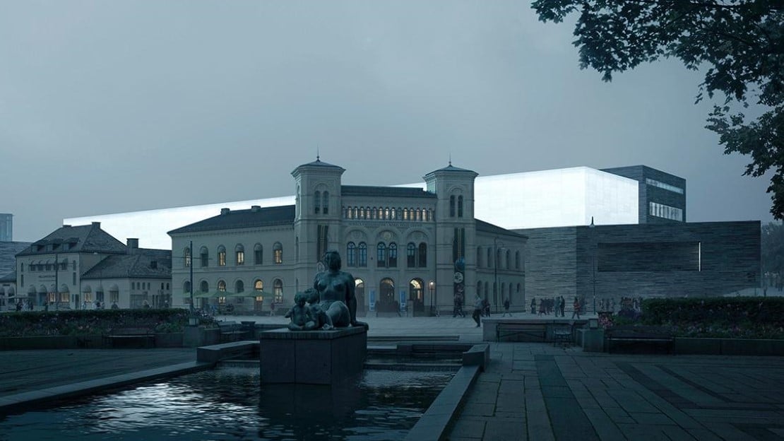 Illustrasjon av stort moderne bygg med lysende hall på toppen foran et eldre bygg