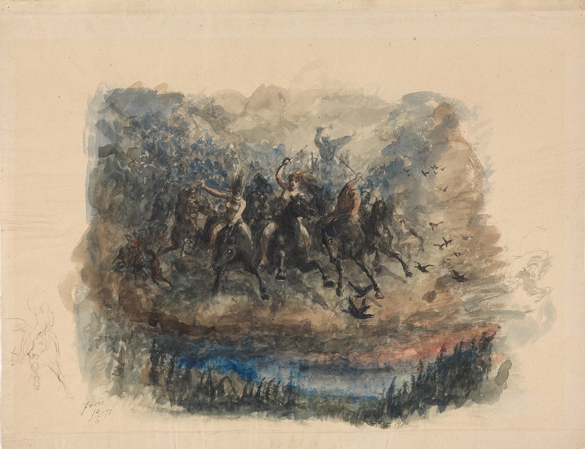 Skisse av norrøne guder som jager over øde landskap