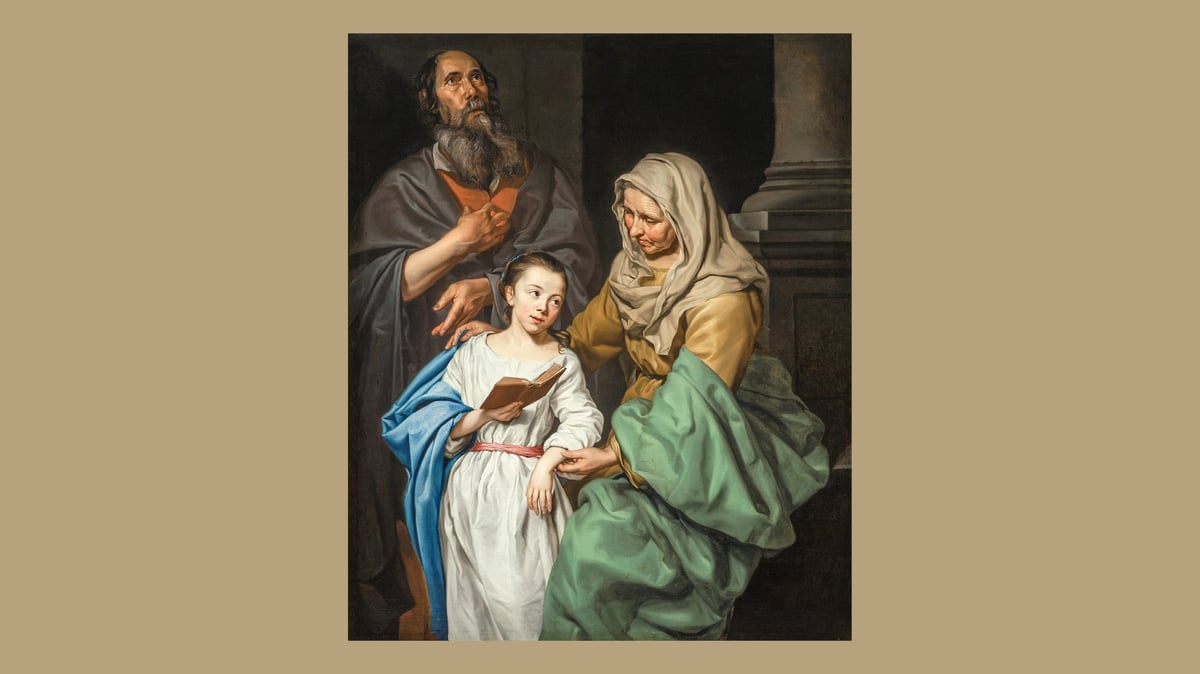Michaelina Wautier, «Jomfru Marias opplæring», 1656 Bildet forestiller tre personer: Jomfru Maria som ung og hennes foreldre Anna og Joachim