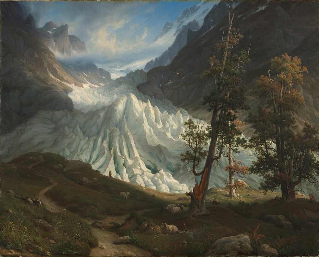 Thomas Fearnley, «Grindelwaldgletscheren», 1838 En stor bre bretter seg framover i bildet