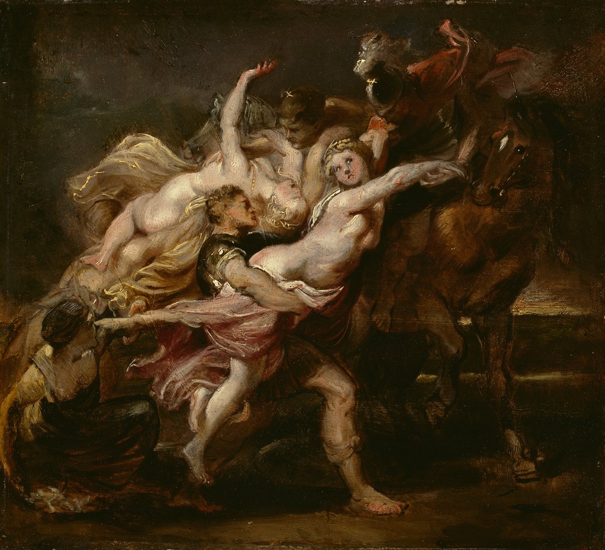 Peter Paul Rubens (tilskrevet), «Castor og Pollux røver Levkippos' døtre», begynnelsen av 1600-tallet. En kvinne overfalles