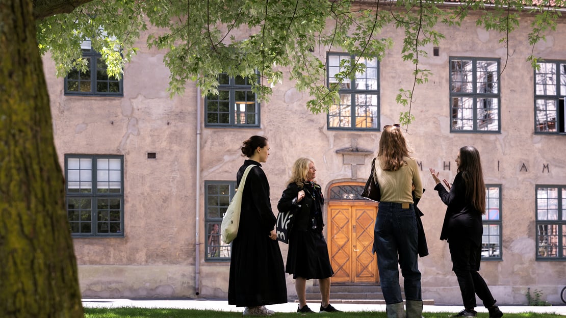 Fire damer står under et tre