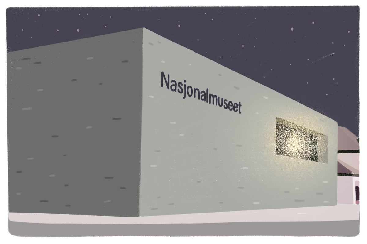 Illustrasjon fra antologien «Kuratering av samtidskunst. Fra utstillingsidé til forskningspraksis». En digital tegning av Nasjonalmuseet sin fasade.