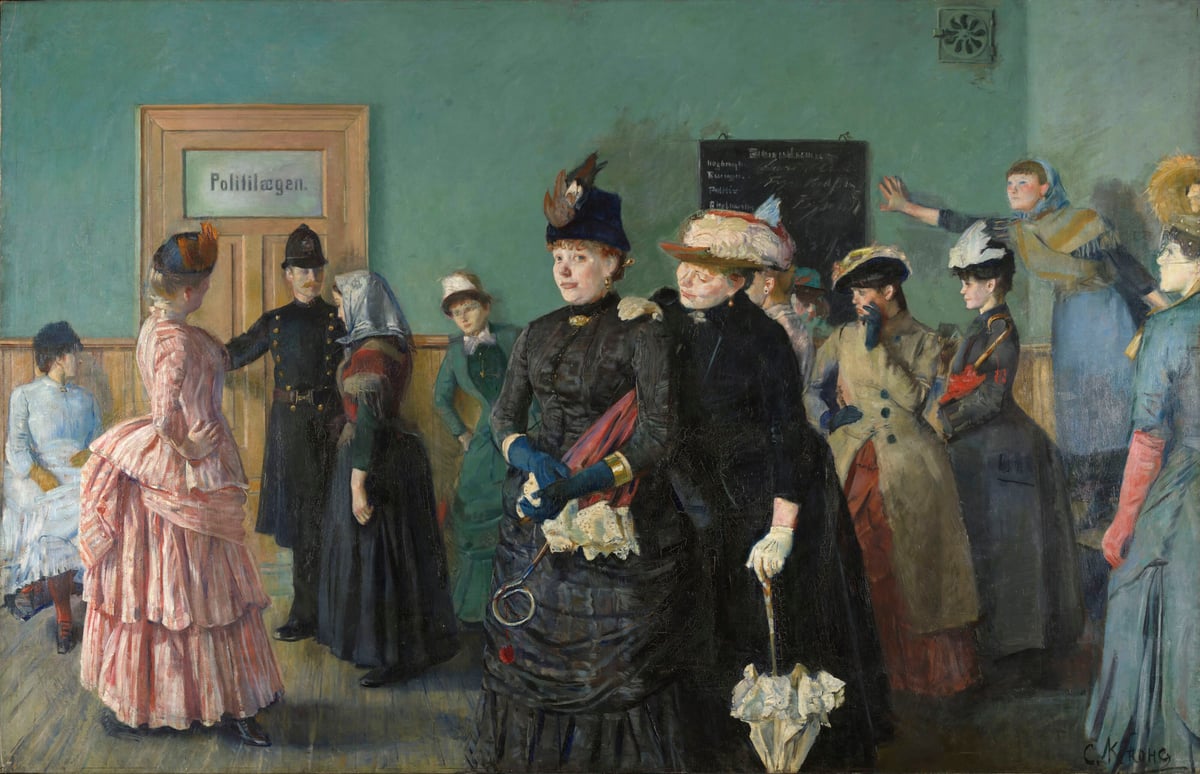 Christian Krohg, «Albertine i politilegens venteværelse», 1885-1887 Maleri fra slutten av 1800-tallet. Kvinner venter på politilegens venteværelse. En politibetjent skal åpne døren for en ungpike