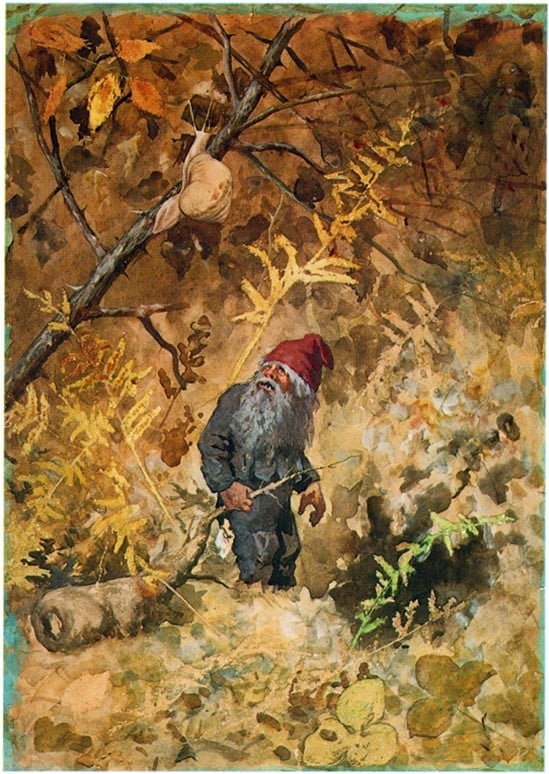 En nisse og en stor snegle på skogens bunn