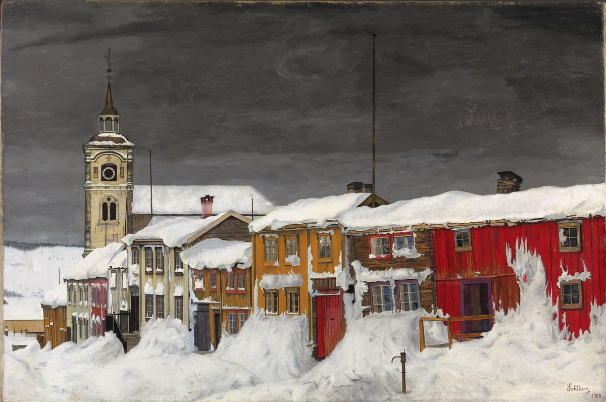Harald Sohlberg, «Gate i Røros», 1903. Snødekt gate med gamle hus i sterke farger og Røroskirken i bakgrunnen.