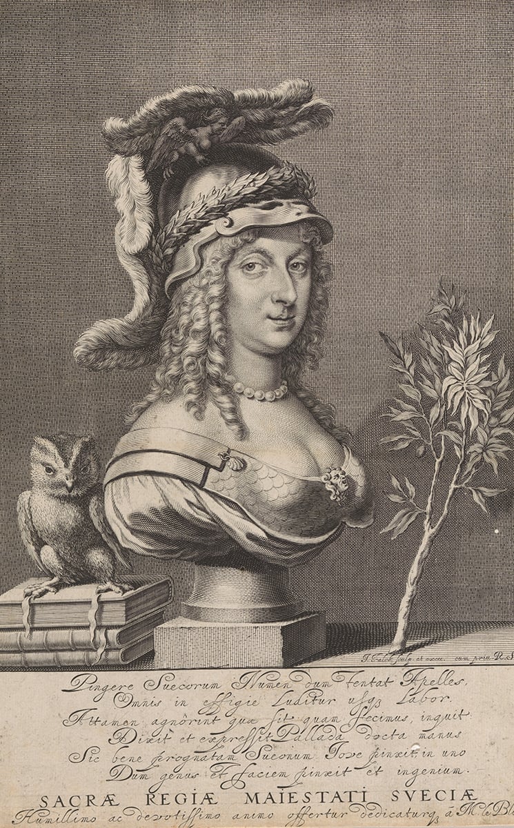Christina of Sweden in the form of a bust, surrounded by an owl, olive branch and books