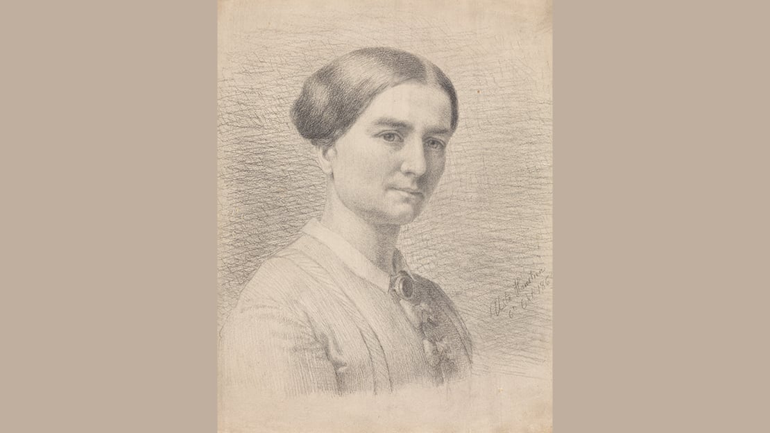 Aasta Hansteen, «Selvportrett», 1869 Selvportrett av kunstneren Aasta Hansteen i halvprofil, utført med blyant.