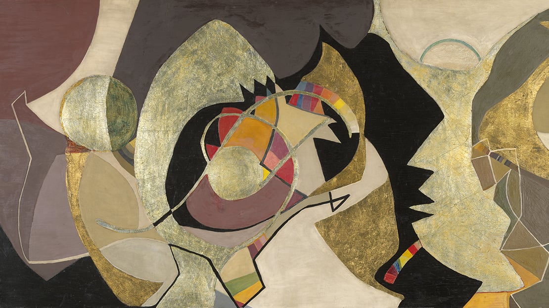 Anna-Eva Bergman, «Komposisjon», 1951 Abstrakt maleri i farger og metall med organiske former.