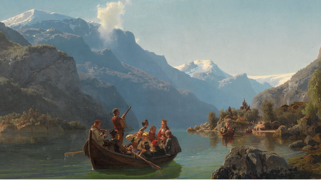 Adolph Tidemand og Hans Gude, «Brudeferd i Hardanger» (utsnitt), 1848 Et brudefølge i båt på vei over fjorden. Det er flere båter med bryllupsgjestene på fjorden. I bakgrunnen ses en kirke.