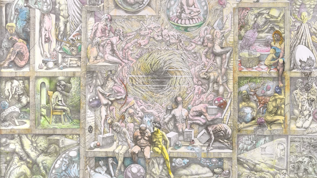 Johannes Høie, «Triptykon», 2013–2021. Kaotiske scener i duse farger viser absurde møter mellom mennesker, dyr og gjenstander. Kropper faller, ligger og står.