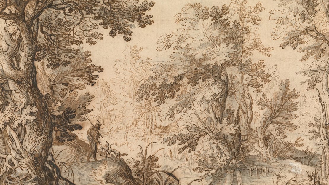 Paul Bril, «Mann og hunder ved lysning i skogen», ca. 1596. Innlån fra Belgias kongelige kunstmuseer, Brussel. Tegning av en mann og hunder i en lysning i skogen