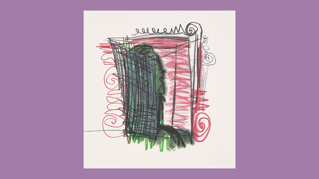 Carroll Dunham, «Green Self Models», 2022 Fargelitografi. Et grønnfarget mannshode, med vertikale og horisontale streker rundt hodet.
