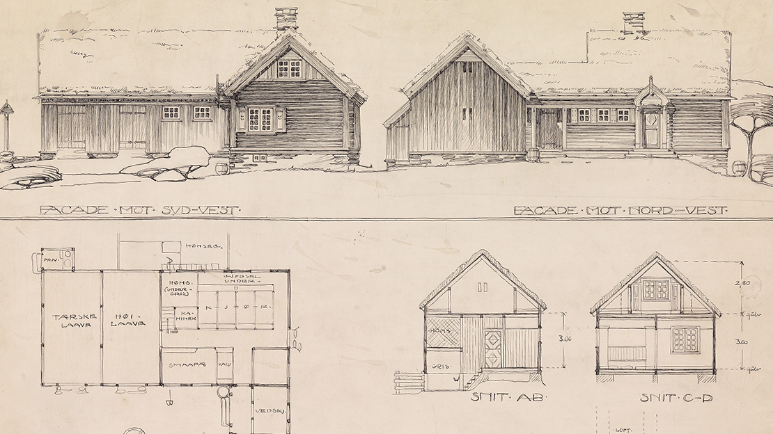 Magnus Poulsson, «'Peik' Arbeiderbruk for fjellbygden», 1910 eller 1911. Arkitekttegning av lite, laftet hus.