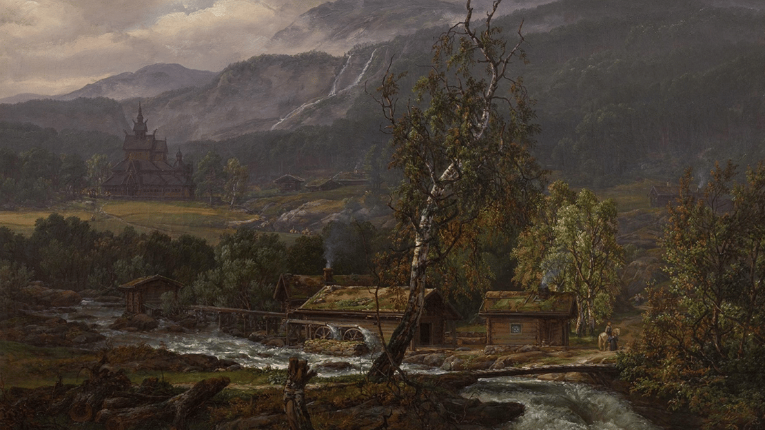 Maleri som viser Vang stavkirke plassert inn i et landskap i Kaupanger.