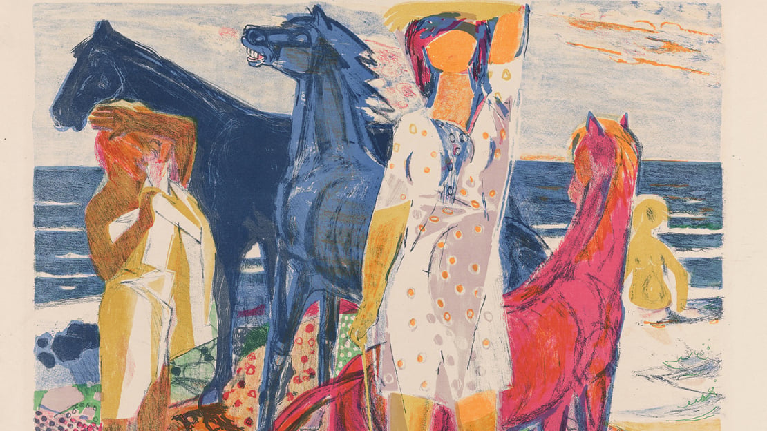 Else Hagen, «Blå hester» (utsnitt), 1949 En kvinne og et barn i forgrunnen med to blå og en rød hest, et barn går ut i vannet i bakgrunnen. Flater i sterke farger.