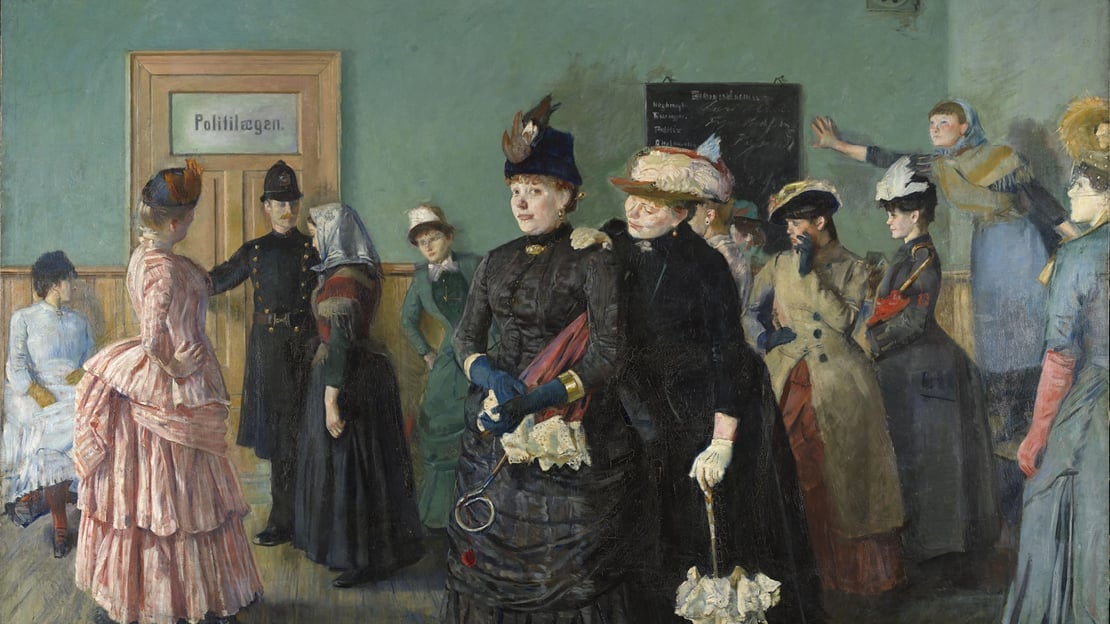 Christian Krohg, «Albertine i politilegens venteværelse», 1885–1887. I Christian Krohgs «Albertine i politilegens venteværelse» ser vi Albertine stående ved døra til politilegen