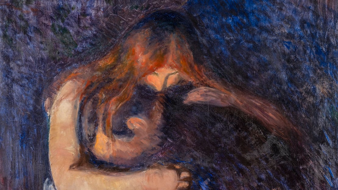 Et blått maleri med en kvinneskikkelse som lener seg over en mann som i et vampyrbitt