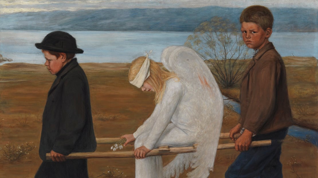 Hugo Simberg, «Såret engel» (utsnitt), 1903 To unge gutter bærer en engel med bind for øynene som sitter på et stokk, mellom seg. Den ene gutten ser mot betrakteren.