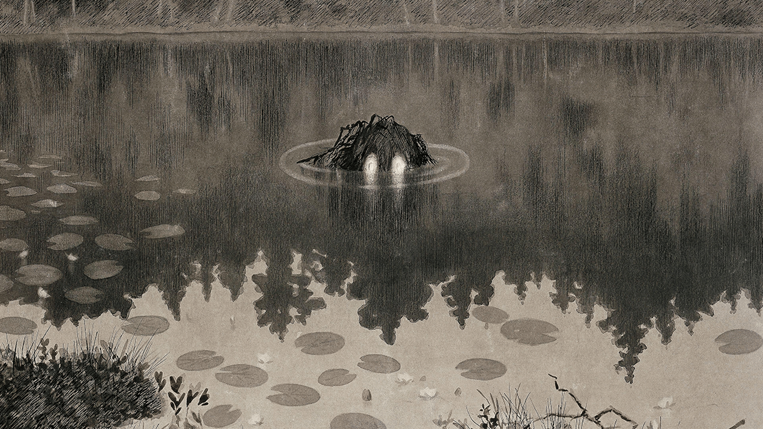 Theodor Kittelsen, «Nøkken» (utsnitt),1887 Tegning av et vann i skumring med nøkken som lurer under overflaten.