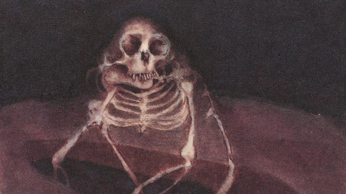 Arne Bendik Sjur, «Skjelett og to skaller i et mørkt rom», 1969 (utsnitt)