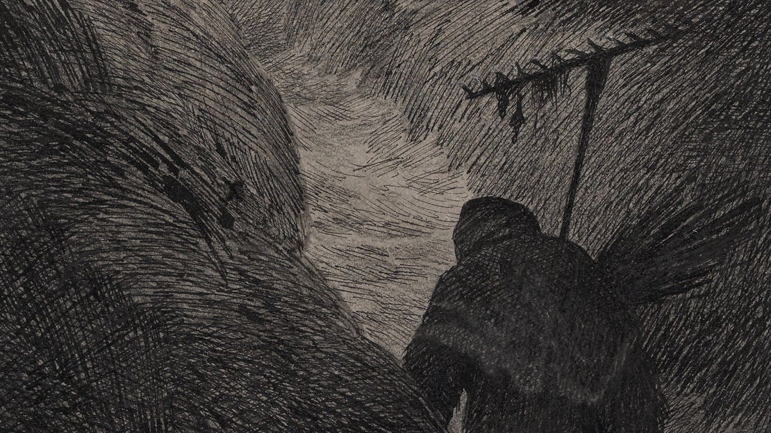Theodor Kittelsen, «Pesta kommer» (utsnitt), mellom 1894 og 1896 tegning av en luskende skapning med rive