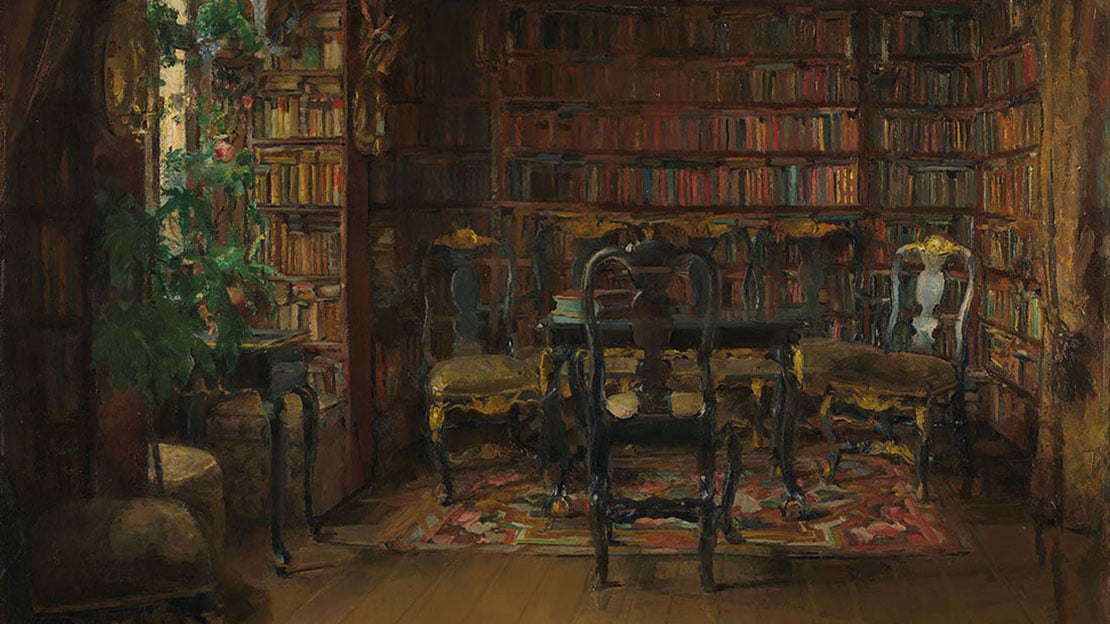 Harriet Backer, «Thorvald Boecks bibliotek» (utsnitt), 1902. Bildet viser et rom som et bibliotek, med bokhyller på alle vegger. Midt i rommet er det en pult og stol.