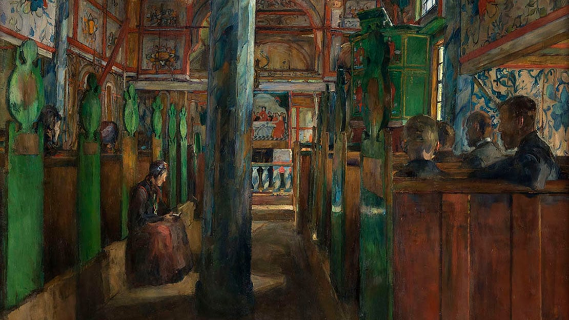 Harriet Backer, «Interiør fra Uvdal stavkirke» (utsnitt), 1909.