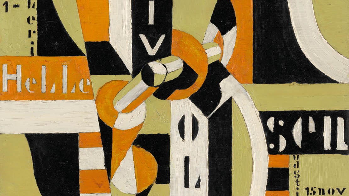 Thorvald Hellesen, «Uten tittel», ca. 1918–19. Privat eie. Abstrakt kubistisk maleri med orange og hvitt på svart bunn, og i sentrum av bildet rotorer og drivaksler fra et fly.