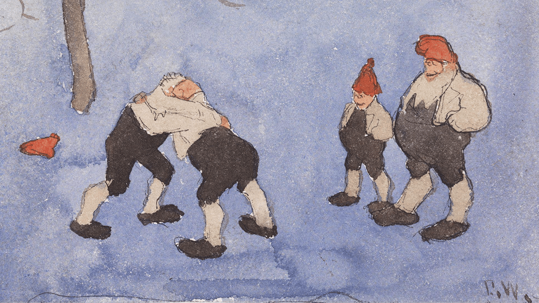 Erik Werenskiold, «Nisser som slåss», før 1884 I et snødekt landskap leker fire fjøsnisser kledd i rødt og svart.